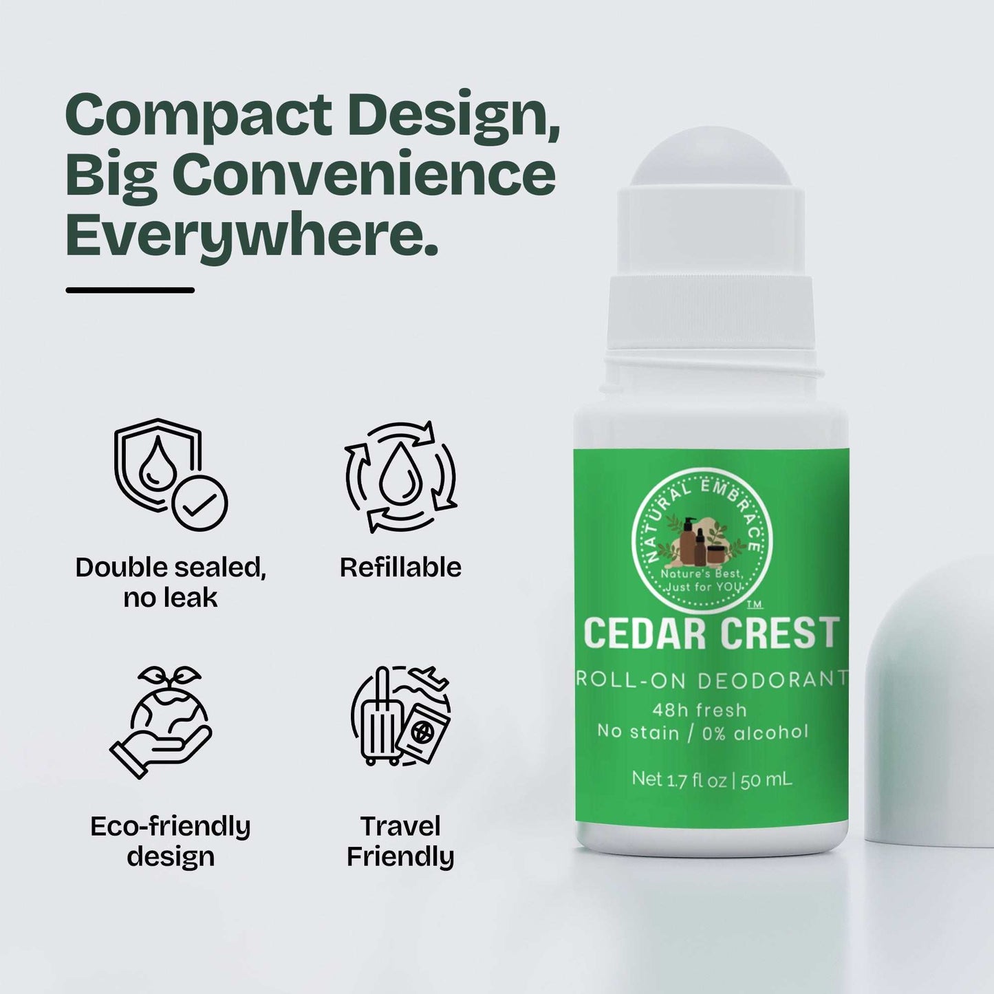 Organic Natural Roll-On Deodorant CEDAR CREST for men with aluminum-free, non-staining formula and 48-hour odor control