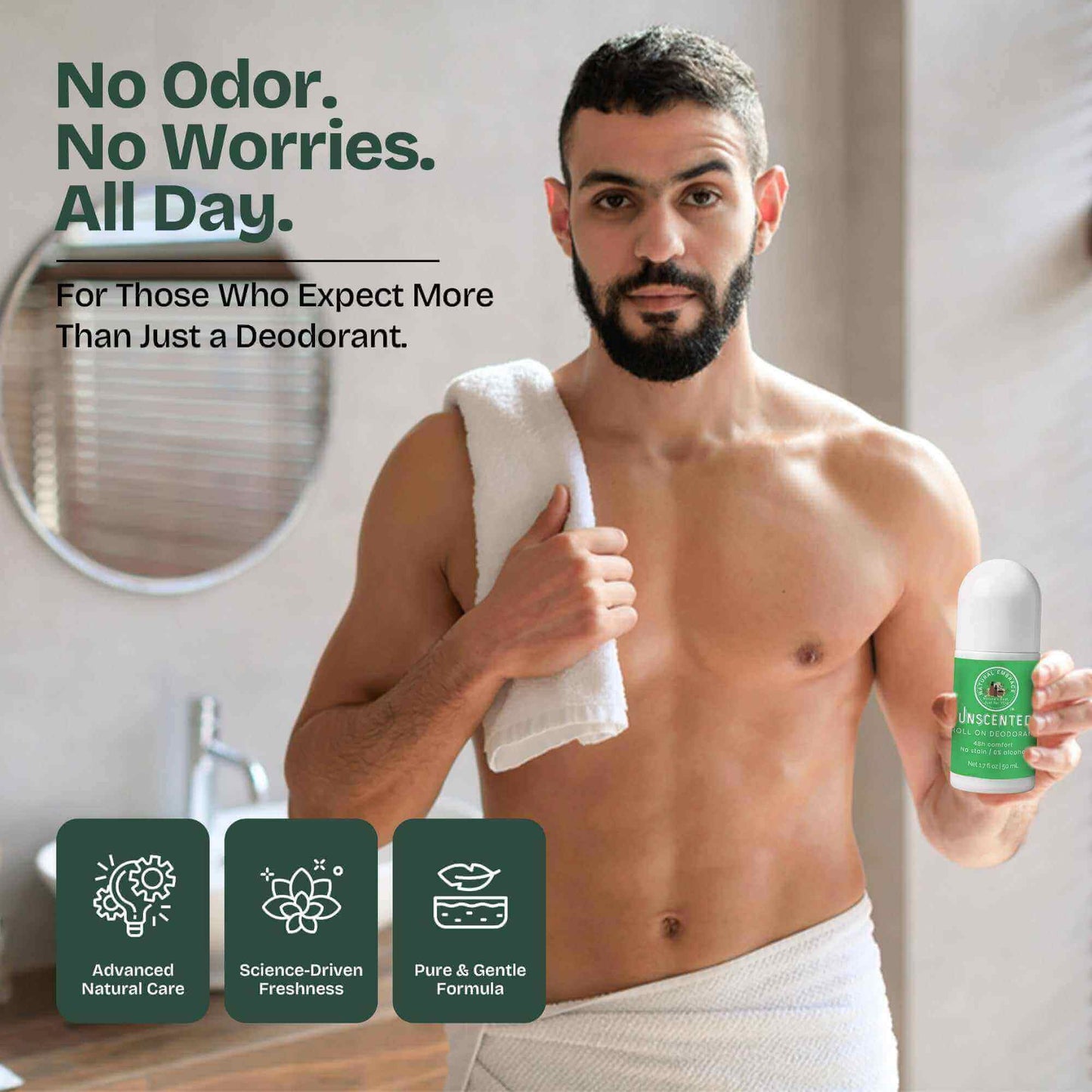 Natural Embrace Unscented Deodorant roll-on for sensitive skin, aluminum-free and 48-hour odor protection
