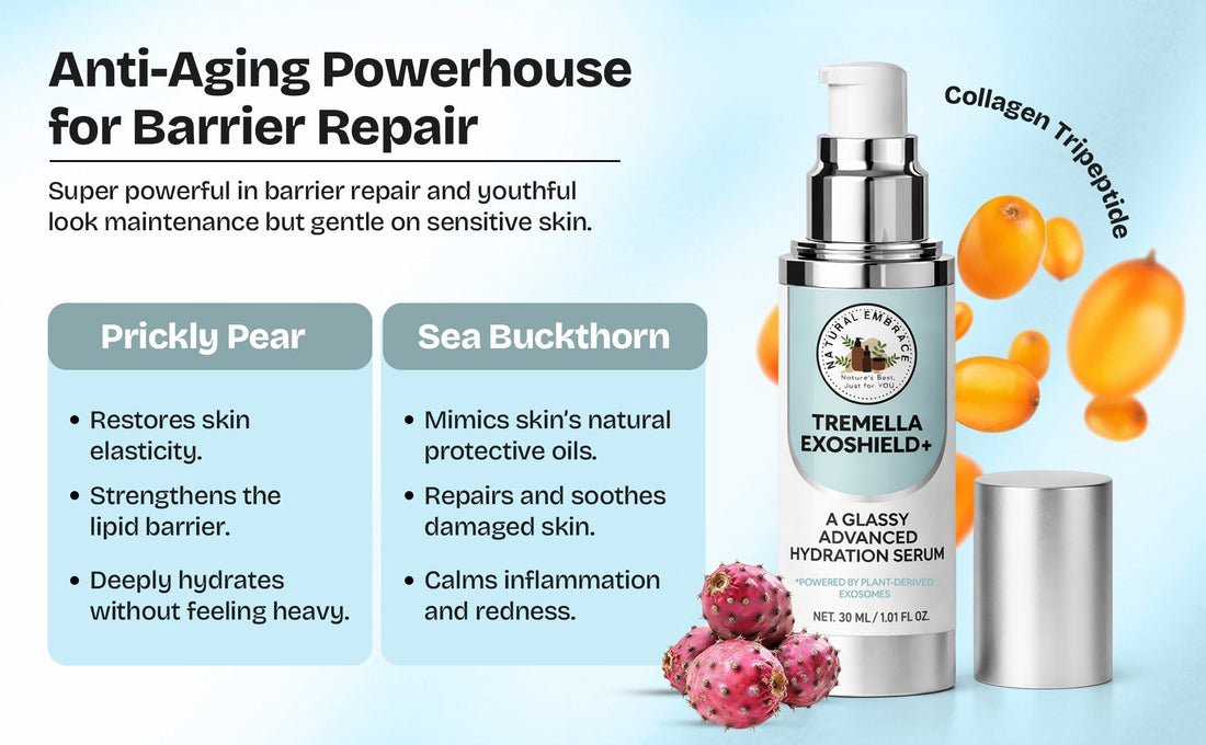Tremella Hyaluronic acid skincare serum featuring Prickly Pear and Sea Buckthorn for hydration and barrier repair.