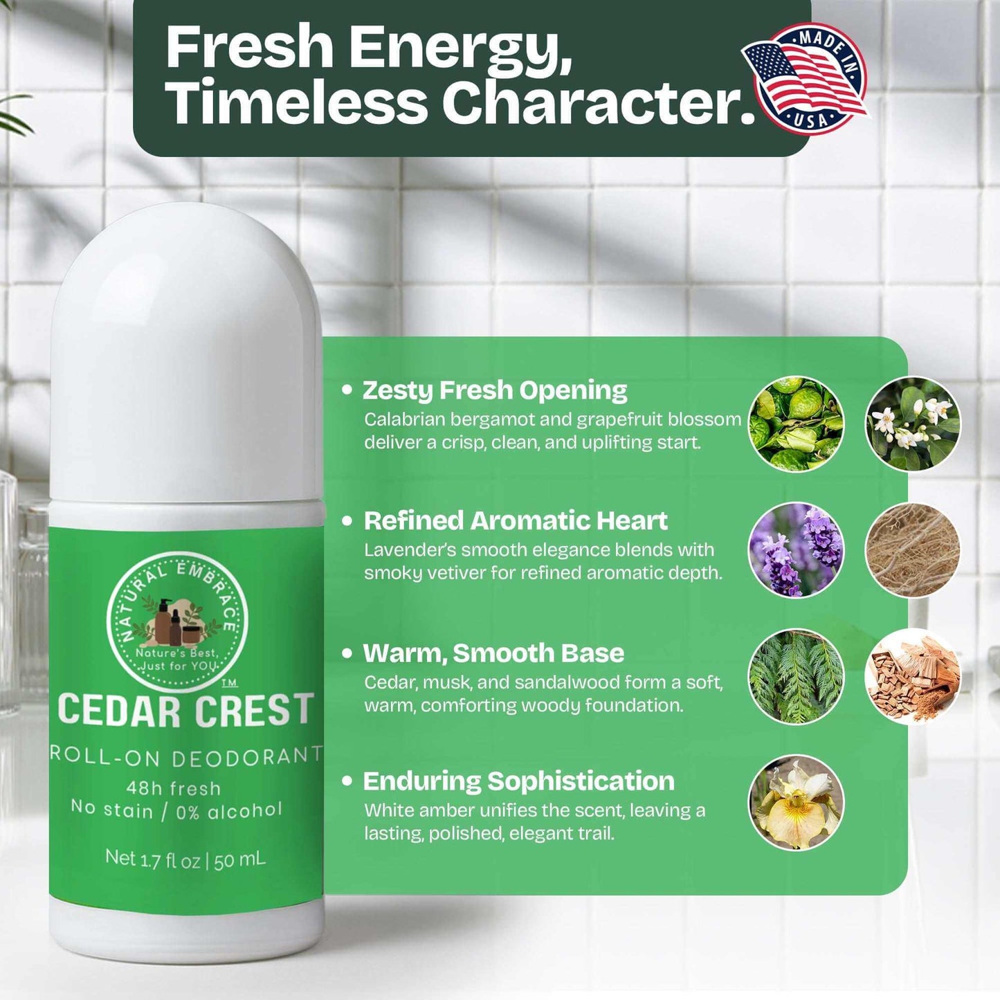 Organic Natural Roll-On Deodorant CEDAR CREST for men with aluminum-free formula and 48-hour odor control
