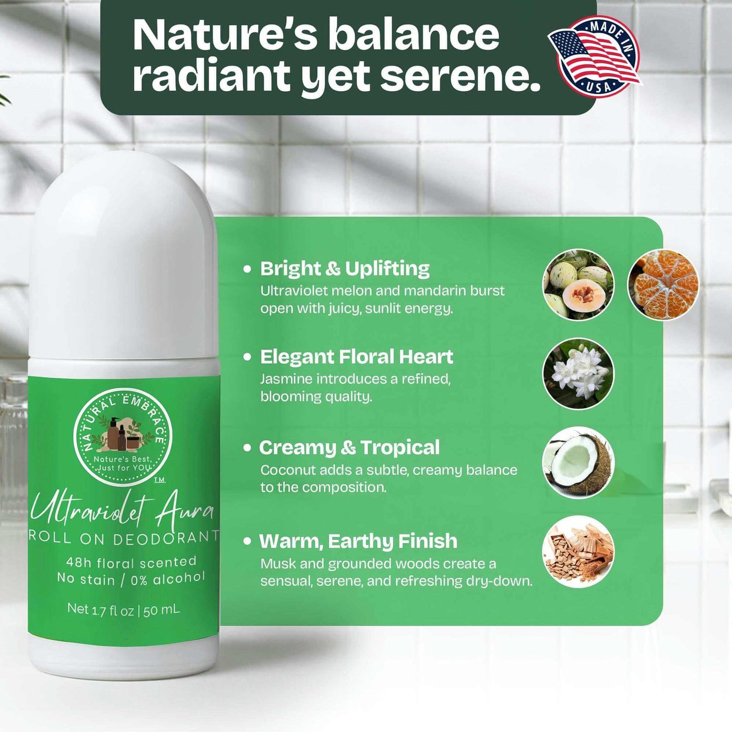 Organic natural roll-on deodorant Ultraviolet Aura for women with brightening, aluminum-free formula and sensitive skin approval