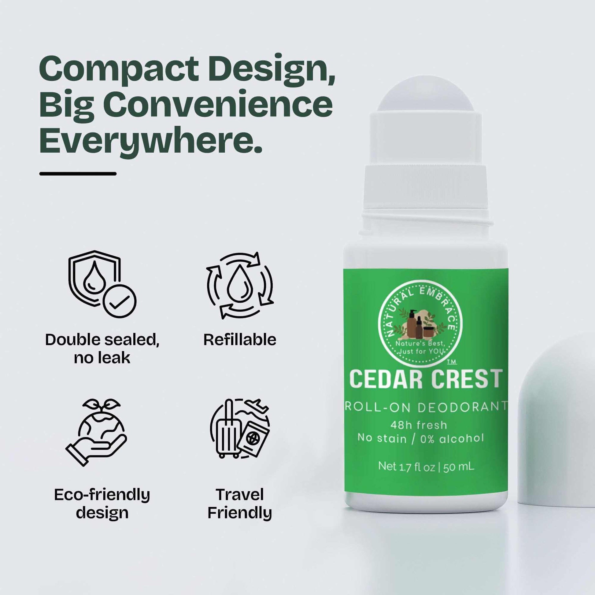 Organic Natural Roll-On Deodorant CEDAR CREST for men with aluminum-free, non-staining formula and 48-hour odor control