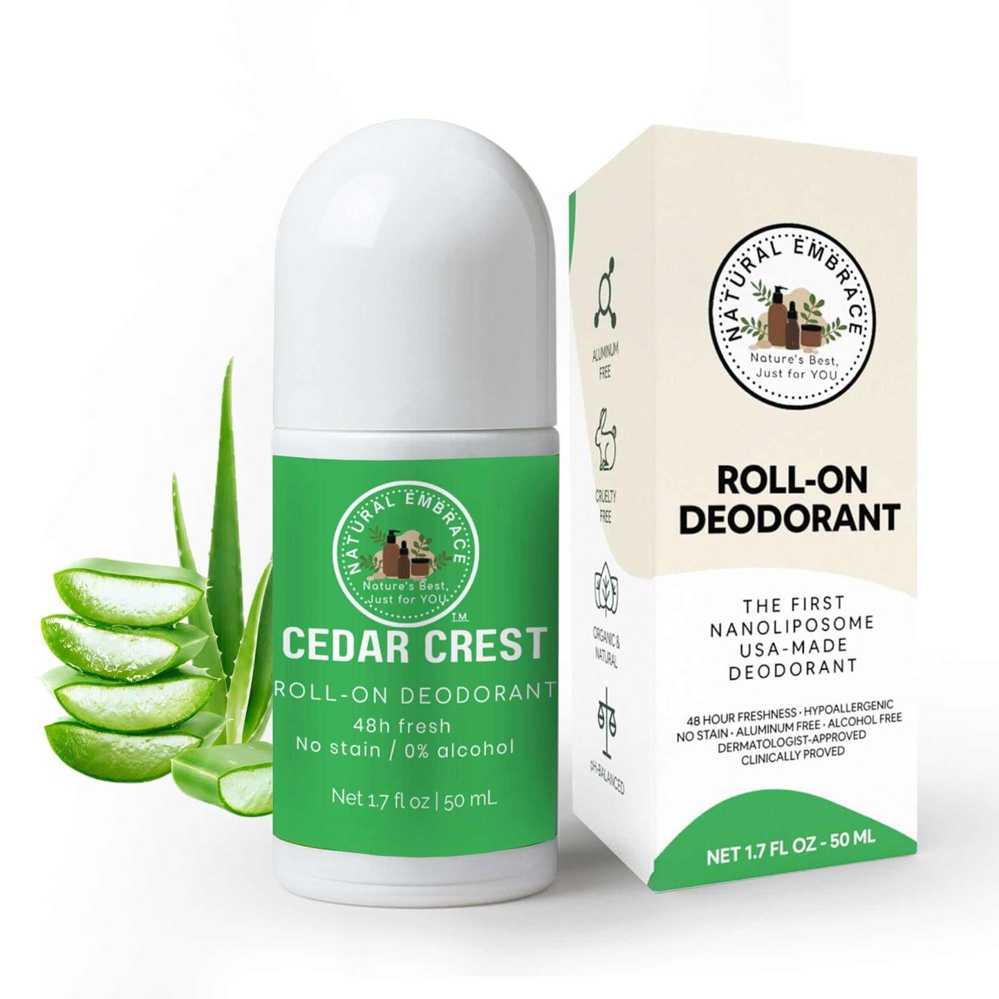 Organic Natural Roll-On Deodorant CEDAR CREST for men with aluminum-free, no-stain formula and 48-hour odor control