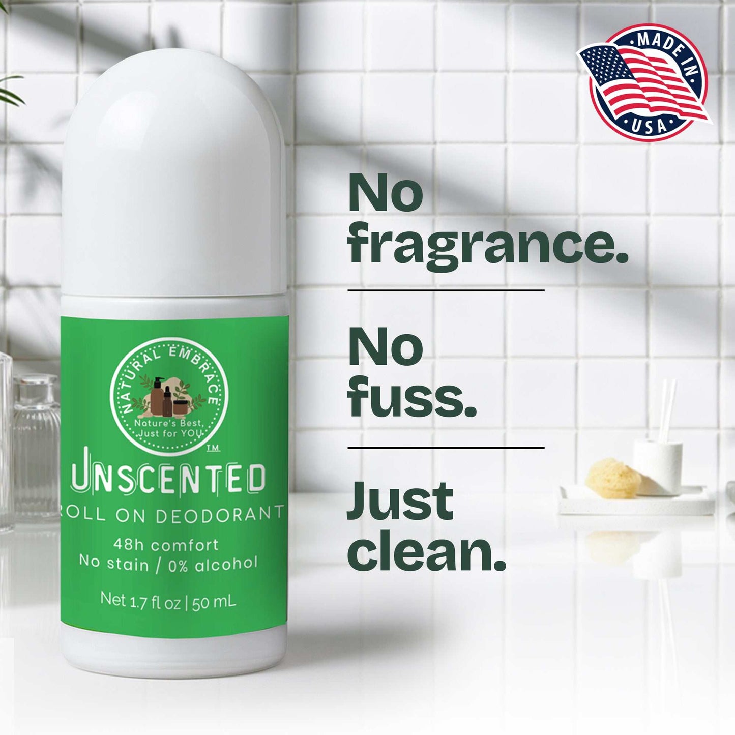 Unscented Roll-On Natural Deodorant on a clean bathroom counter, showcasing its fragrance-free benefits.