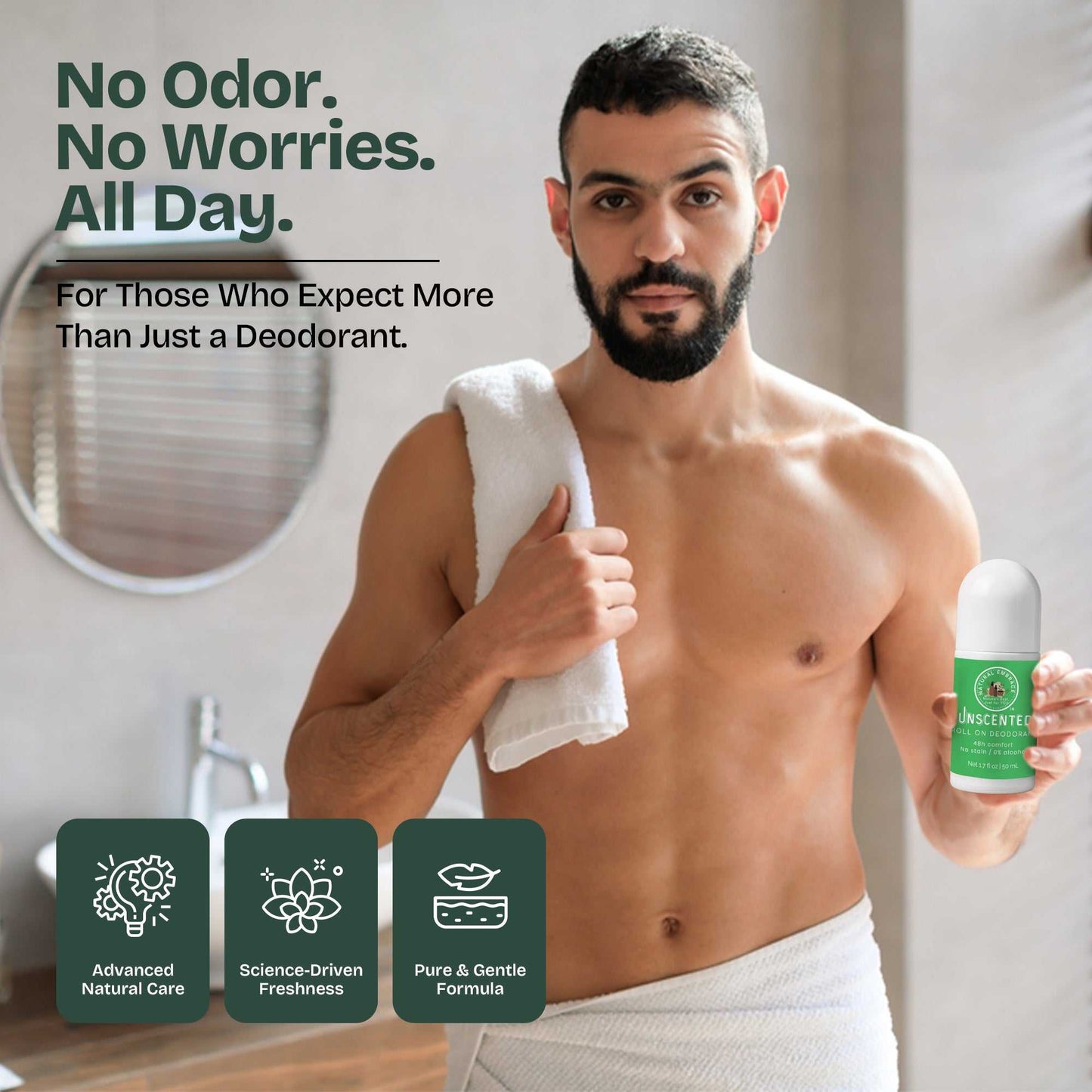 Unscented Roll-On Natural Deodorant in bathroom with man applying it after shower for sensitive skin.