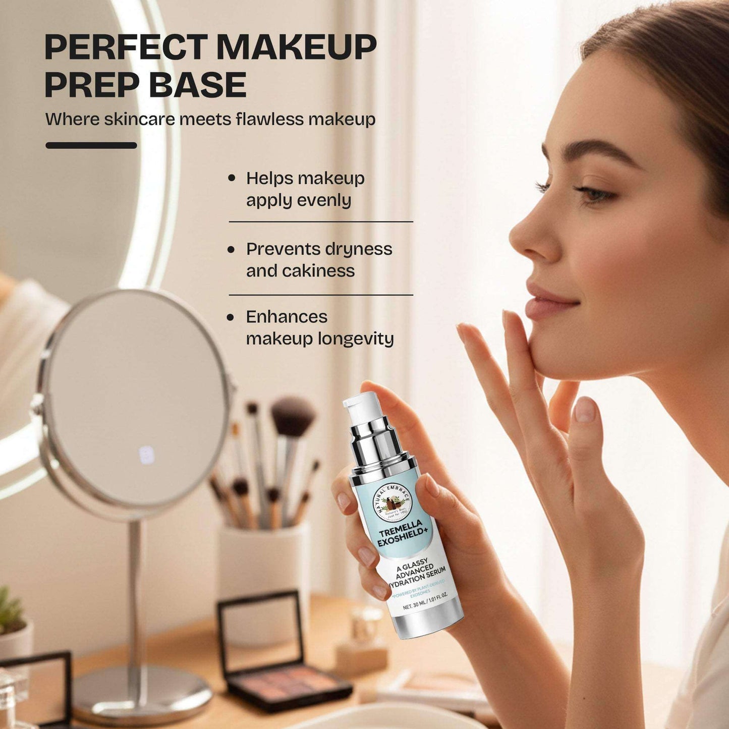 Bottle of Tremella Mushroom Hydrating Serum with yellow water-based gel for lightweight, long-lasting skin moisture and glow