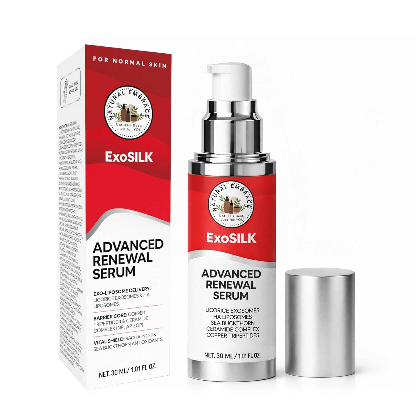 Exosilk Advanced Renewal Serum bottle with copper peptide and ceramide complex for skin hydration and renewal