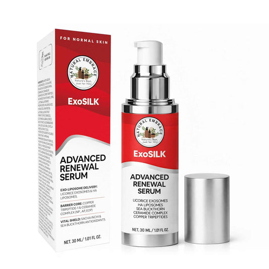 ExoSilk Advanced Renewal Serum bottle with water splash background for skin hydration and renewal