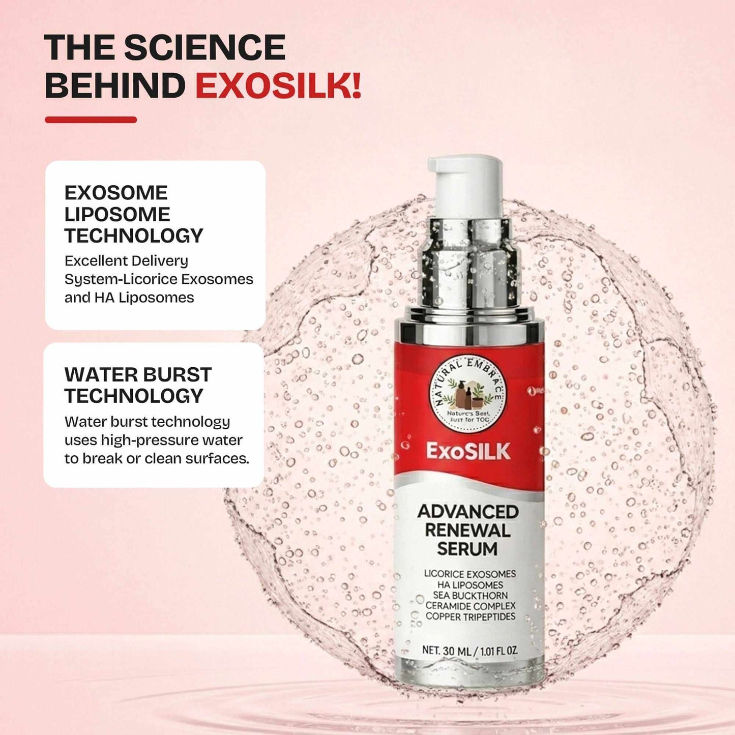 Exosilk Advanced Renewal Serum bottle with hydrating copper peptide and ceramide complex for skin renewal
