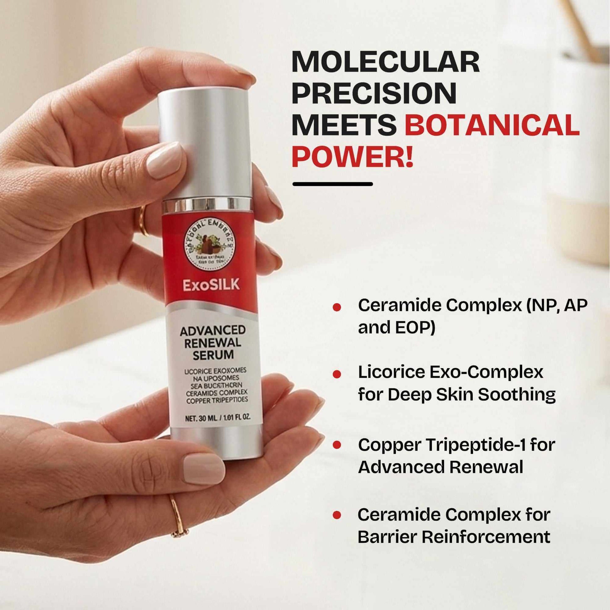 Exosilk Advanced Renewal Serum bottle with copper peptide and ceramide complex for skin renewal and hydration
