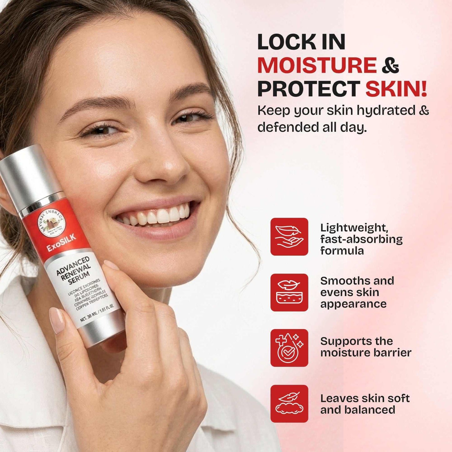 Exosilk Advanced Renewal Serum bottle with copper peptide and ceramide for skin hydration and renewal