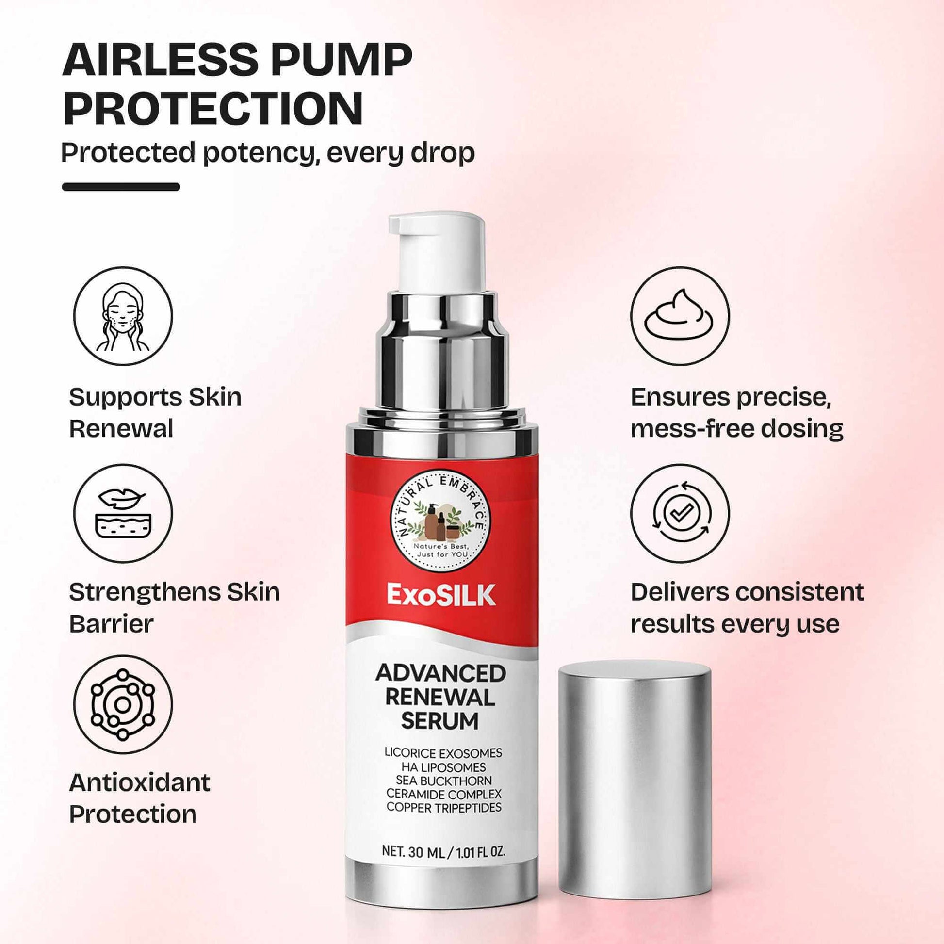 Bottle of Exosilk Advanced Renewal Serum with copper peptide and ceramide complex for skin renewal