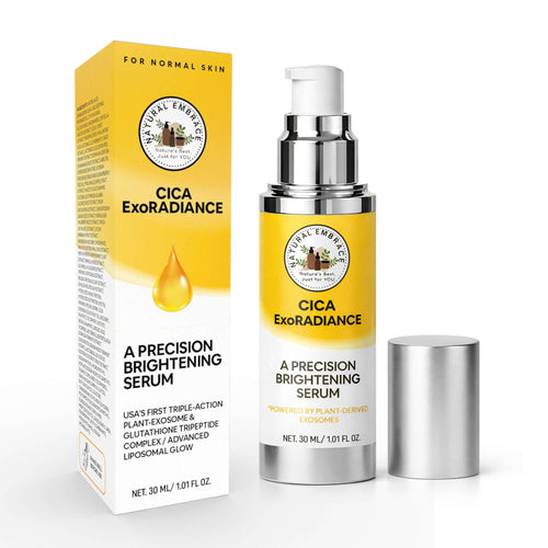 CICA ExoRADIANCE exosome brightening serum in packaging and pump bottle for a restorative skincare routine.
