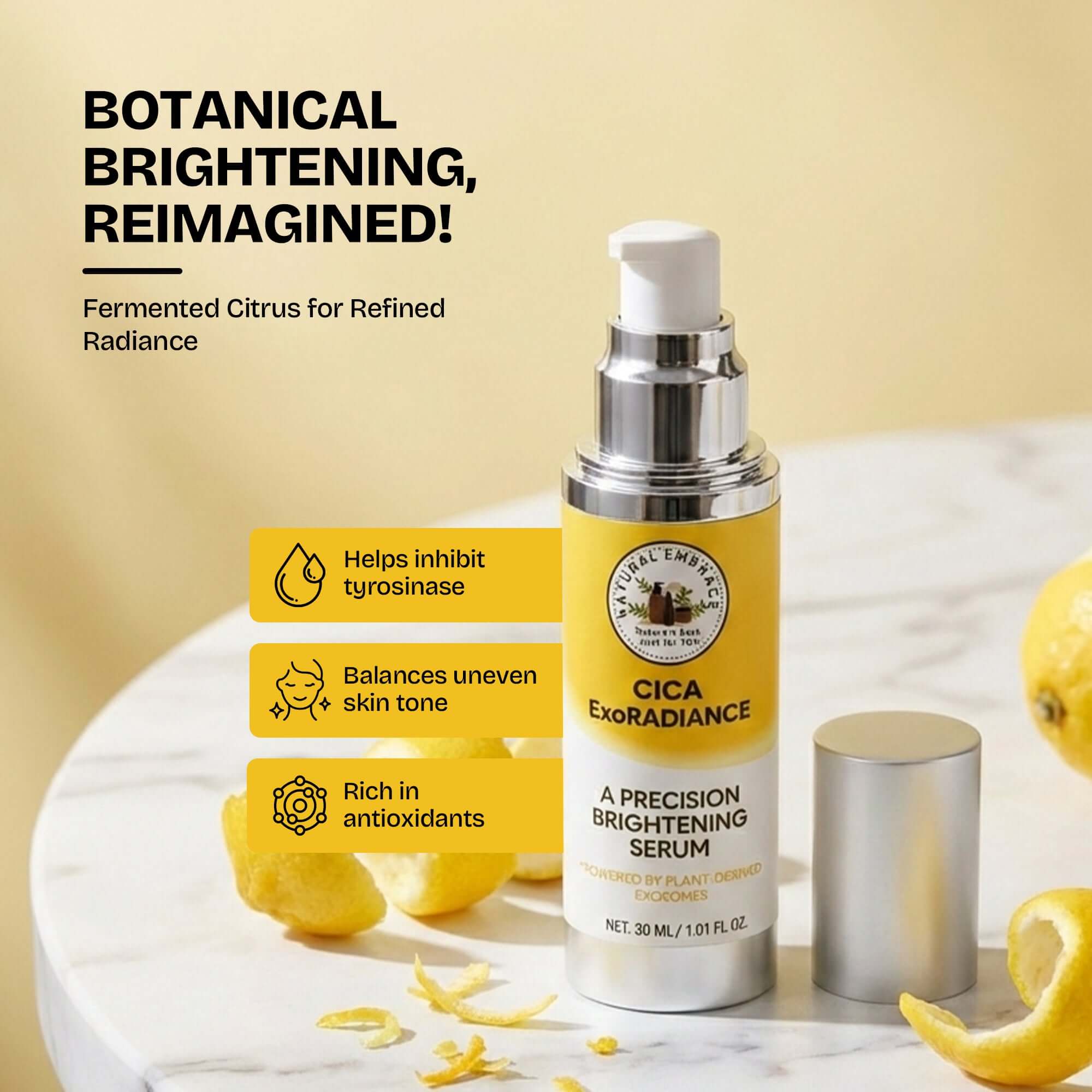 CICA ExoRADIANCE Advanced Brightening Serum, exosome brightening serum with fermented citrus for radiant skin.