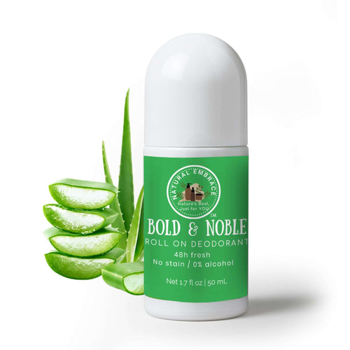 Organic Natural Roll-On Deodorant BOLD & NOBLE with aloe vera, 48-hour freshness, aluminum-free formula.
