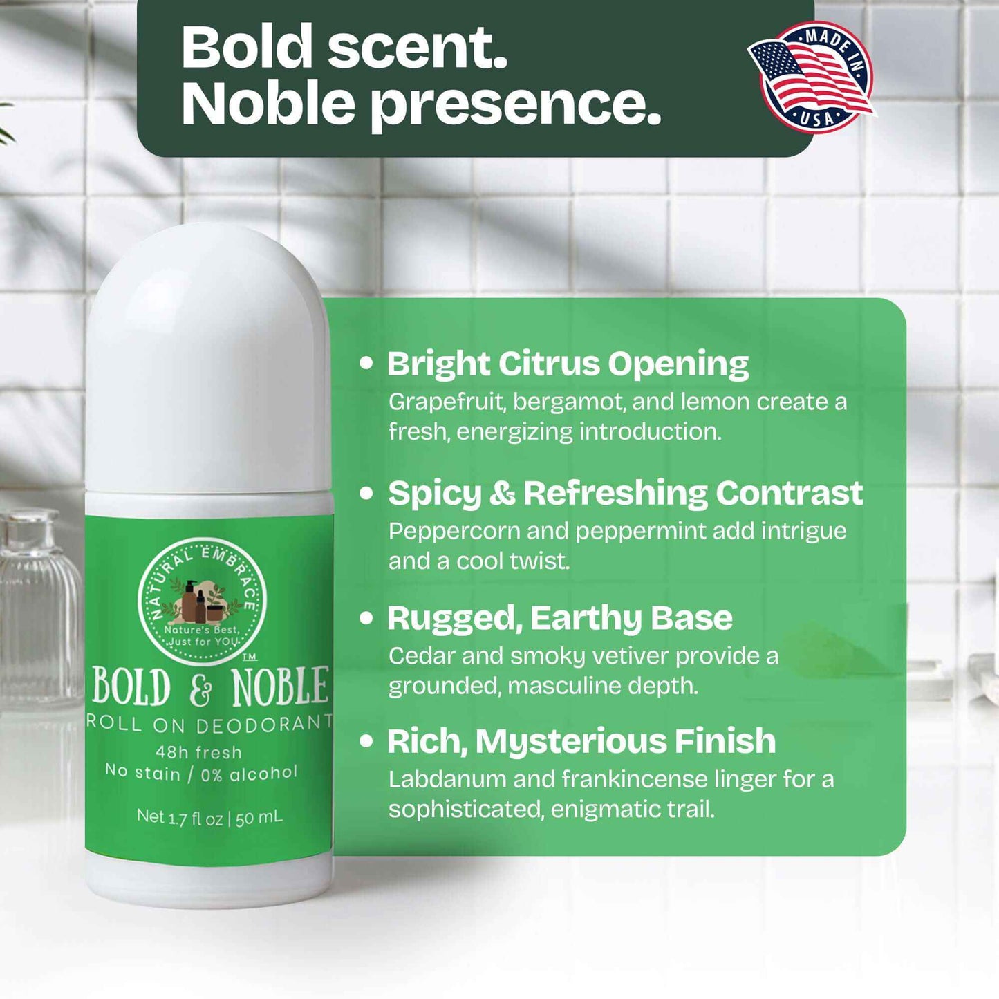 Organic natural roll-on deodorant for men with aluminum-free, non-staining formula and 24-hour odor control
