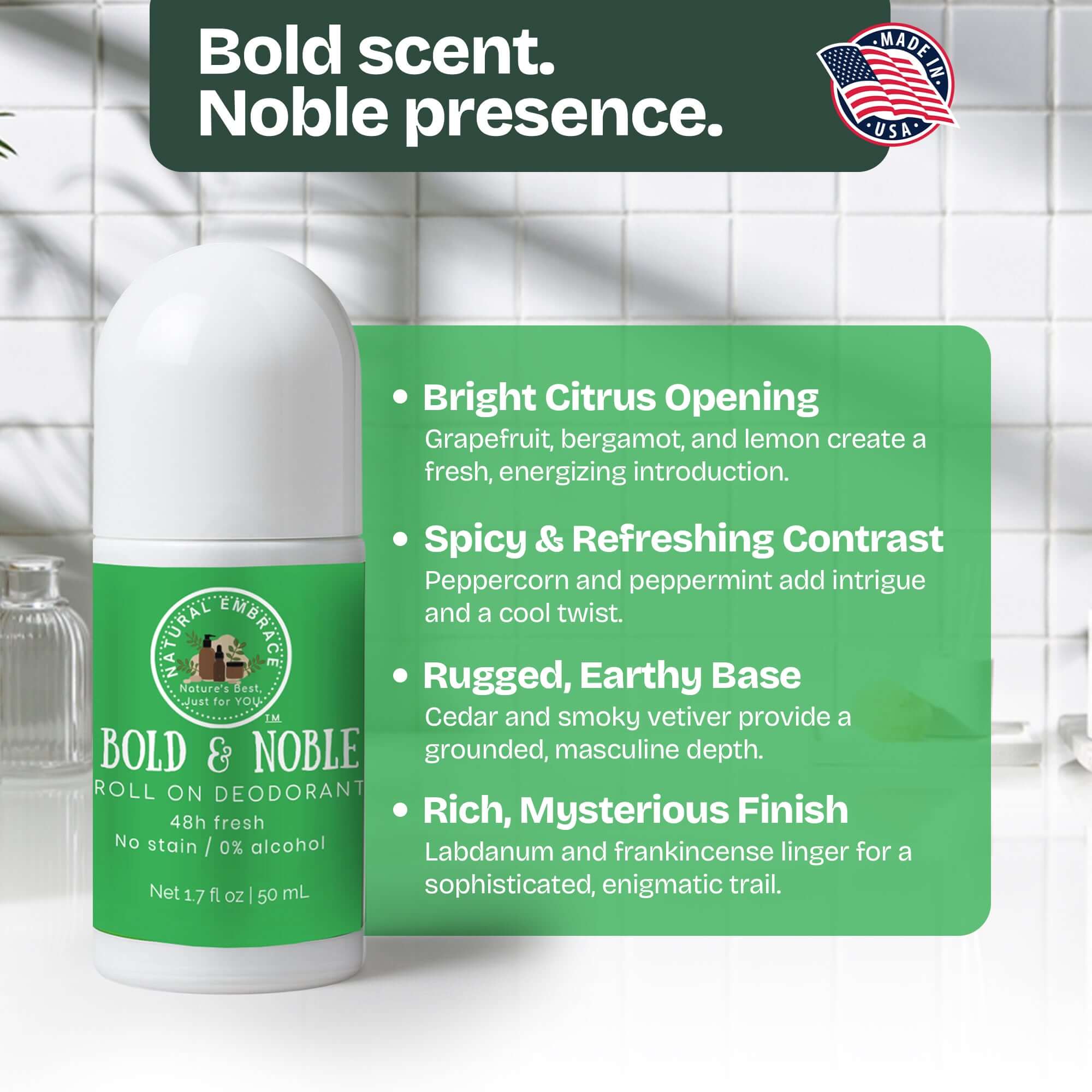 Organic Natural Roll-On Deodorant BOLD & NOBLE packaging featuring scent notes and 48-hour freshness.