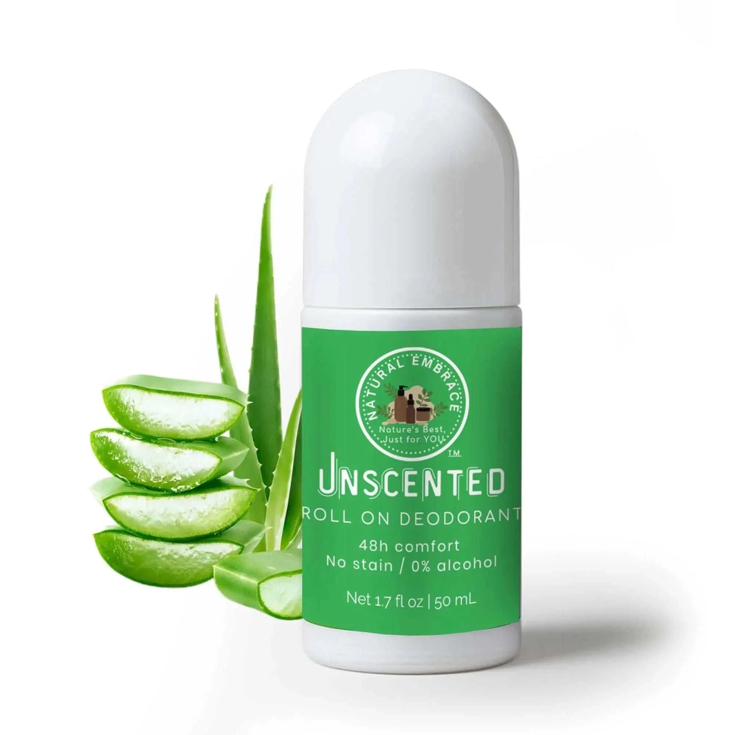 Unscented Roll-On natural deodorant for sensitive skin, aluminum-free and stain-free