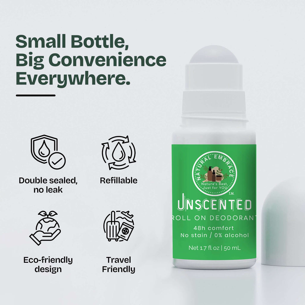 Unscented organic roll-on deodorant by Natural Embrace, showing the clear glass bottle with white cap and applicator.